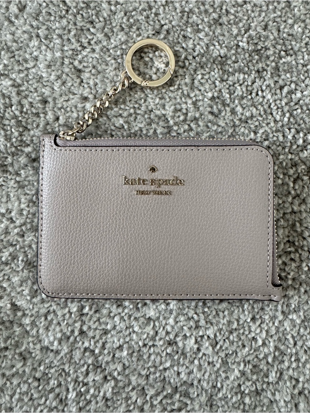 kate spade Taupe Refined Grain Leather Zip Card Holder with Gold Keyring